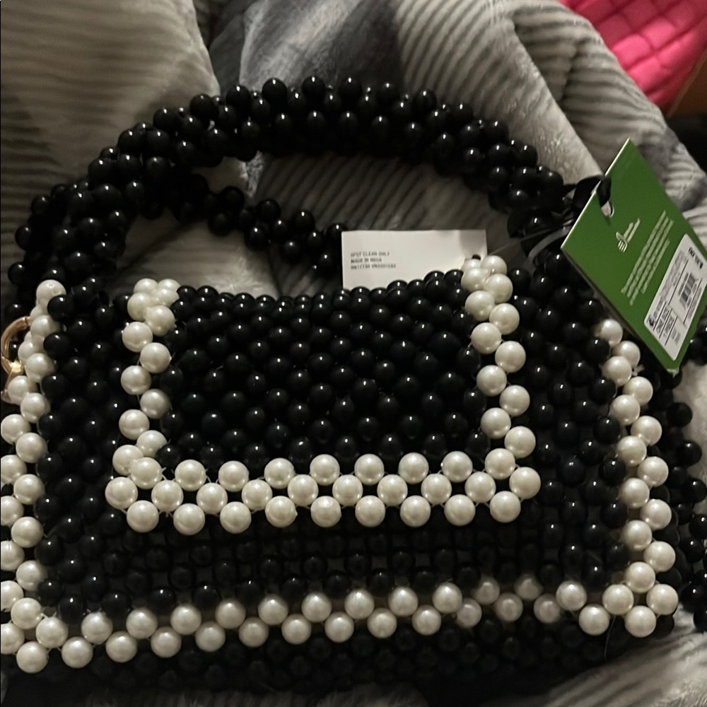 Black and White Geometric Beaded Shoulder Bag